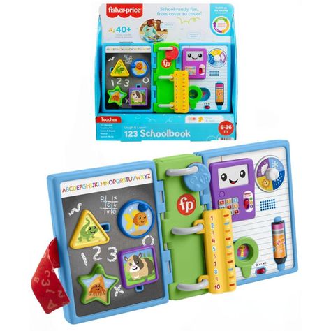 Baby can get in on the classroom fun with the Laugh & Learn 123 Schoolbook activity toy from Fisher-Price. This electronic pretend notebook is loaded with play from cover to cover, featuring classic school essentials like a calculator, pencil, ruler, and even a "chalkboard" covered in shapes. As little hands explore all the busy activities, the Smart Stages learning levels introduce the alphabet, numbers, shapes, colors and more with fun songs sounds, lights and phrases. Fisher Price Baby Toys, Baby Learning Toys, Busy Activities, Learning Toys For Toddlers, Toy Room, Bday Gift, Fisher Price Toys, Chrismas Gifts, Classic Board Games