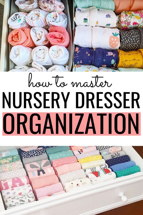 Nursery Dresser Organization | Are you organizing baby clothes and looking baby dresser organization ideas? This is the guide you need. Whether you're working with a small nursery dresser with 3 drawers or not, you can store baby clothes easily following these 5 steps. These nursery dresser organization tips are perfect for anyone looking to organize their baby's dresser using baskets, bins and organizaers. These baby dresser organization ideas are easy to DIY as well. #nursery Organizing A Nursery Dresser, Nursery Organization Drawers, Organizing Ideas For Nursery, Newborn Nursery Dresser Organization, Best Nursery Organization, Small Dresser For Nursery, What To Put In Nursery Dresser, Organize Infant Clothes, Organizing Nursery Dresser Drawers