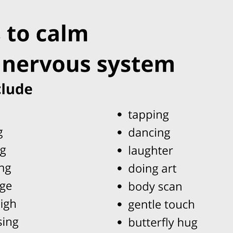 Dr. Susanne Wolf on Instagram: "Opening Spaces to calm our nervous system
What do you find helpful ? 

— sending love to all you beings
and thank you for being on this journey with me, susanne🖤
#mymentalhealthspace

🖤 Do you want to receive free printables & downloadables? subscribe to my newsletter (link in bio)
.
.
.
.
Please note this is only a mini guide as this is a very complex topic. Also note that the research data varies concerning different techniques.

Lit/further read :
https://www.verywellmind.com/hyperarousal-2797362
https://www.rtor.org/2022/05/23/how-to-calm-an-overactive-nervous-system/
https://www.ncbi.nlm.nih.gov/pmc/articles/PMC4268601/
https://www.ncbi.nlm.nih.gov/pmc/articles/PMC6189422/
https://www.ncbi.nlm.nih.gov/pmc/articles/PMC6721443/
https://www.ncbi.nlm.nih. Soft Life, Body Scanning, Sending Love, Nervous System, Free Printables, Witch, Reading, Instagram