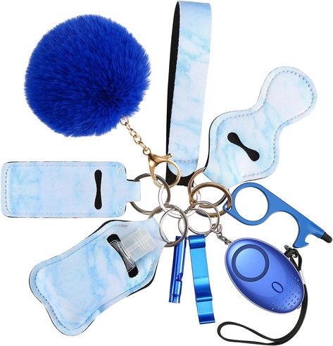 , Self Defense Keychain Set for Girls with Safe Sound Personal Alarm, No Touch Door Opener, Whistle and Pom, Blue Safety Keychain, Defense Keychain, Self Defense Keychain, Self Defense Tools, Tools For Women, Keychain Accessories, Lipstick Bag, Personal Safety, Keychain Set