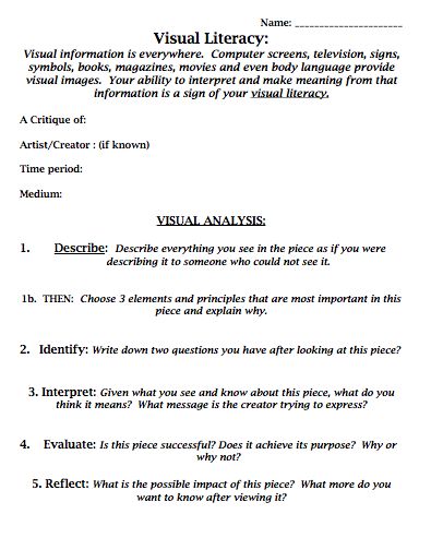 A Visual Literacy SMART goal for the high school art classroom High School Art Classroom, Visual Thinking Strategies, Art Assessment, Art Rubric, Art Analysis, Art Critique, Art Handouts, Visual Literacy, Art Criticism