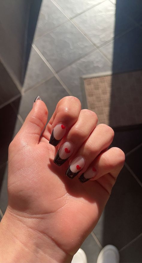 Black French Tip Red Heart, Black French Tip Nails With Red Heart, Black French Tip With Red Heart, Black French Tips With Hearts, Black French Tip Nails With Heart, Black French Tip With Heart, French Tip With Red, French Manicure Acrylic Nails, Black French Tip