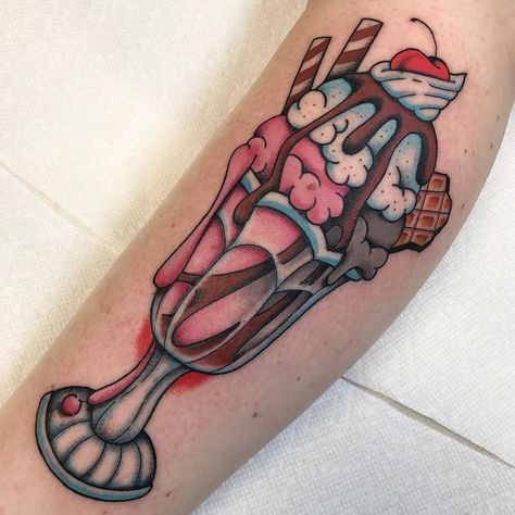 Ice Cream Truck Tattoo, Cute Ice Cream Tattoo, Strawberry Milkshake Tattoo, Traditional Ice Cream Tattoo, Ice Cream Tattoo Ideas, Rockabilly Tattoo Sleeve, Dessert Tattoo, Ice Cream Tattoo, Rockabilly Tattoo