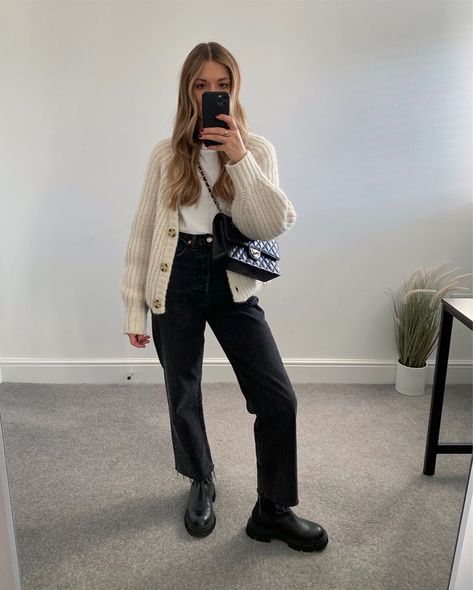 My Accessories London quilted … curated on LTK White Cardigan Outfit, Inspo Instagram, Cardigan Outfits, Cardigan Black, White Cardigan, Chunky Boots, Black Crop, Black Cardigan, White T