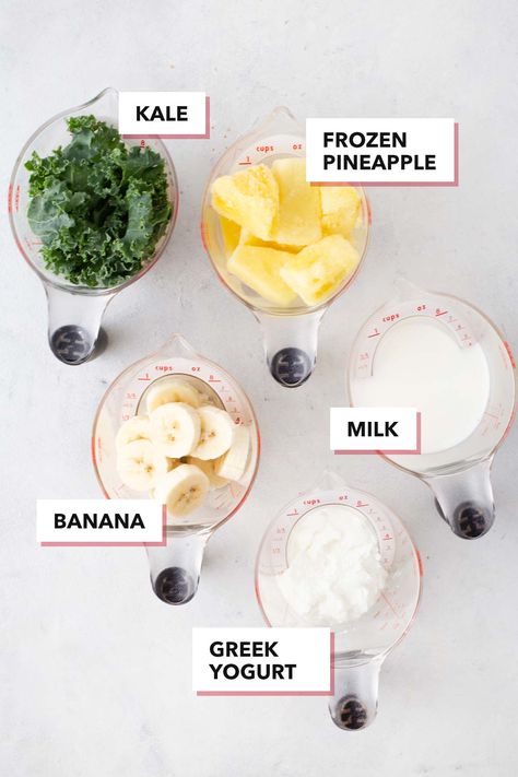 Kale Pineapple Smoothie Pineapple Yogurt Smoothie, Pineapple Yogurt, Pineapple Kale Smoothie, Orange Banana Smoothie, High Protein Smoothie Recipes, Pineapple Banana Smoothie, Kale Smoothie Recipes, Pineapple Smoothie Recipes, Frozen Fruit Smoothie