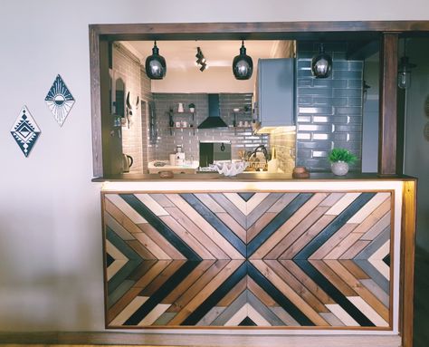 Country kitchen, boho chic, Aztec style, Aztec pattern, wood panel, urban tribal pattern Aztec Kitchen Island, Aztec Kitchen Ideas, Country Boho Kitchen, Aztec Kitchen Decor, Aztec Dresser, Decorate Kitchen Shelves, How To Decorate Kitchen Shelves, Aztec Kitchen, Mexico House Ideas