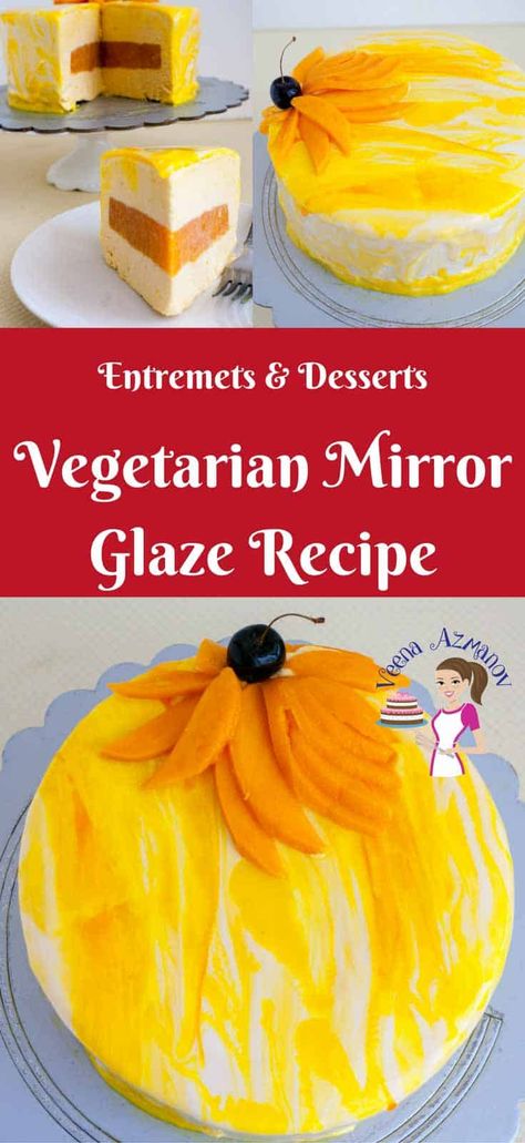 Vegetarian mirror glaze aka shiny cakes is the latest trend in the cake world. This simple, easy and effortless recipe makes a mirror glaze without gelatin using agar-agar. You can use it to glaze entremets and desserts that are so impressive and yet so easy to master. # vegetarian #mirror #glaze #cake #agar #vegan Mirror Cakes, Mirror Glaze Recipe, Cake World, Mirror Glaze Cake Recipes, Mango Mousse, Diy Easy Recipes, Mirror Glaze Cake, Cupcakes Recipes, Eggless Desserts