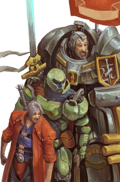 Dante, Doom Guy, and a Grey Knight. Nail Bat, Doom Videogame, Doom Game, Funny Gaming Memes, Warhammer 40k Memes, Grey Knights, Warhammer 40k Art, 다크 판타지, Warhammer Art