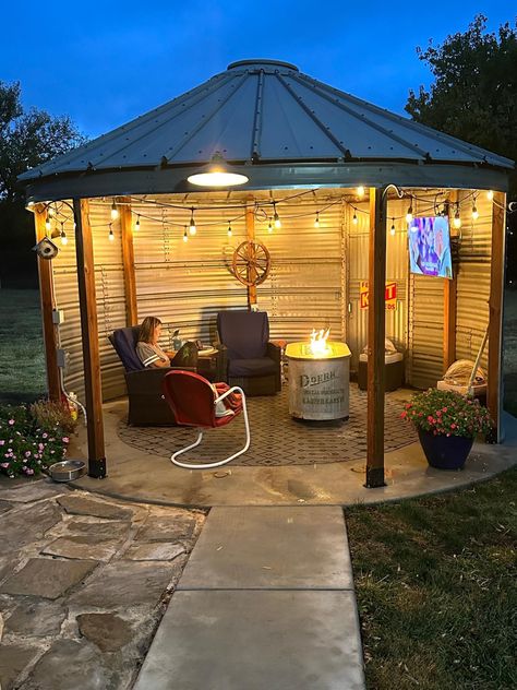 Bin Fire Pit, Grain Bin Fire Pit Outdoor Fireplaces, Grain Bin Fire Pit, Backyard Hangout, Gazebo With Fire Pit, Backyard Gazebo, Backyard Water Feature, Cozy Patio, Backyard Pavilion