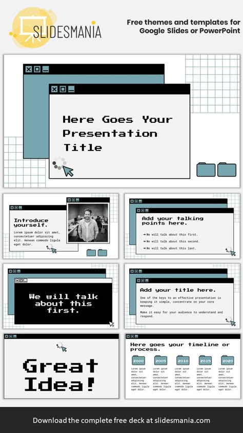 Paterson free template has a retro style. It mimics and old operating system, featuring windows, folders, cursors and a loading icon.  The best part of this free theme for Google Slides or PowerPoint is that you can change its accent color very easily. Simply go to Slide > Edit Master > Click on any cyan shape > Click on fill color > Click on the little pencil icon next to the word THEME > Click on Choose a theme color > Click on Accent 1 > And change it any color you like. Graphic Design Slides Presentation, Google Slides Templates Aesthetic Free, Slide Show Aesthetic, Themes For Google Slides, Aesthetic Google Slides Themes, Google Template Edit, Powerpoint Ideas Aesthetic, Aesthetic Powerpoint Ideas, Aesthetic Powerpoint Templates Free