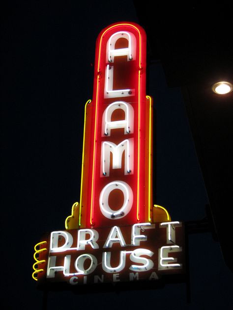 Alamo Drafthouse Cinema, Austin, Texas (multiple US locations) Alamo Movie, Alamo Drafthouse Cinema, Alamo Drafthouse, Chocolate Malt, The Alamo, Spatial Design, Vintage Neon Signs, Movie Theatre, Cheese Burger