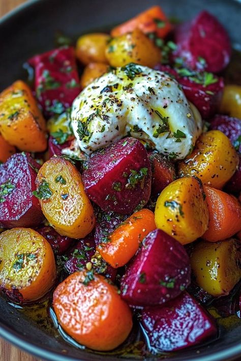 Bring a splash of color to your table with this Vibrant Roasted Beets & Carrots with Creamy Burrata Salad! 🥕💖 

This delightful dish combines earthy roasted veggies with the creamy goodness of burrata, making it a fantastic appetizer or side. Let’s jump right into it!

Here's what you'll need:

2 medium beets, peeled and diced  
3 large carrots, peeled and sliced  
2 tablespoons olive oil  
Salt and pepper to taste  
8 ounces burrata cheese  
Fresh herbs (such as basil or parsley) for garnish  
Optional: balsamic reduction for drizzling  

Instructions:

1. Preheat the oven to 425°F (220°C).

2. In a bowl, toss the diced beets and sliced carrots with olive oil, salt, and pepper until well coated.

#RoastedVeggies #BurrataSalad #HealthyEating #Foodie #ColorfulEats Thanksgiving Beets, Beet Recipes Healthy, Roasted Beets And Carrots, Beets Carrots, Sliced Carrots, Viral Food, Burrata Salad, Burrata Cheese, Beet Recipes