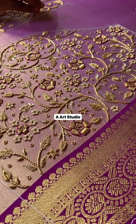 Aari Zardosi Work Blouse, Purple Blouse Aari Work Design, Bridal Work Blouse Designs, Zardosi Work Blouse Weddings, Simple Zardosi Work Blouses, Saree Hand Work, Zardosi Work Blouse, Magam Work Designs, Netted Blouse Designs