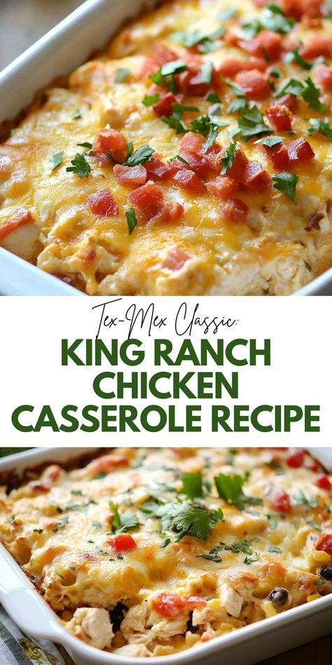 Enjoy a Tex-Mex classic with this King Ranch Chicken Casserole recipe. Ideal for your food recipes collection, this dish combines the rich flavors of King Ranch Chicken with the bold spices of Tex-Mex cuisine. Save this pin and click for the complete recipe and detailed instructions. Make a delicious and comforting casserole that's sure to impress. King Casserole Recipe, Chicken Cornbread Casserole Recipes, King Ranch Chicken Casserole By Joanna Gaines, Recipes With Cooked Chicken Casseroles, King Ranch Chicken Recipe, King Ranch Chicken Casserole With Chips, Tex Mex Chicken Casserole, Kings Ranch Chicken, Chicken Fiesta Casserole