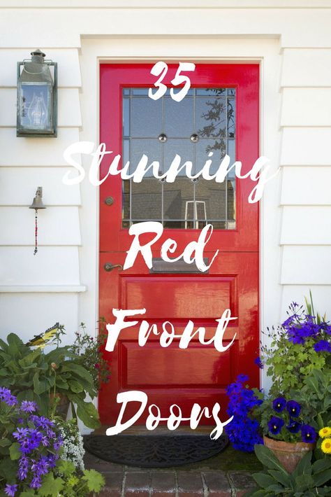 Red Front Door With Black Trim, Red Front Doors Farmhouse, Red Door Porch Decor, Red Door Front Porch Decorating Ideas, Behr Red Paint Colors Front Doors, Bright Red Front Door, Best Red For Front Door, Fabulous Front Doors, Vintage Entrance Door