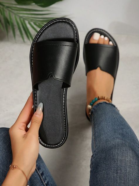 all Black  Collar  PU Leather Letter  Embellished   Women Shoes Women Casual Flats, Orthopedic Sandals, Flat Slippers, Jackets Dress, Minimalist Women, Flat Slipper, Beach Slippers, Leather Slippers, Slides Shoes