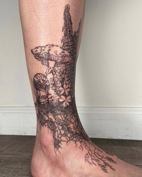 Roots On Feet Tattoo, Vegetation Tattoo, Ankle Tattoo Wrap Around, Ankle Wrap Around Tattoo, Roots Tattoo Ideas, Wrap Around Ankle Tattoo, Ankle Tattoos For Women Wrap Around, Foot Ankle Tattoo, Ankle Wrap Tattoo