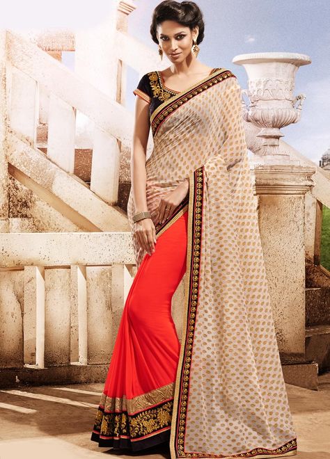 #Glam up your look with this #orange and #cream colour #designer #georgette #saree. This #Navratri get FLAT 18% #discount on #all #products! visit us - www.manndola.com Indian Designer Sarees, Latest Designer Sarees, Salwar Kamiz, Patiala Salwar, Color Magenta, Ghagra Choli, Wedding Saree Indian, Designer Sarees Online, Art Silk Sarees