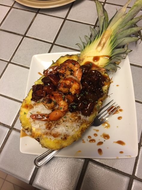 Teriyaki pineapple bowl w/ steak , shrimp and chicken. Along side sticky white rice. Shrimp In Pineapple Bowl Recipe, Pineapple Bowl Recipe Teriyaki Chicken, Pineapple Bowls Chicken Shrimp Steak, Pineapple Bowls Chicken Shrimp, Pineapple Seafood Bowl, Jerk Shrimp With Pineapple Rice, Pineapple Bowl, Food Business Ideas, Steak And Shrimp