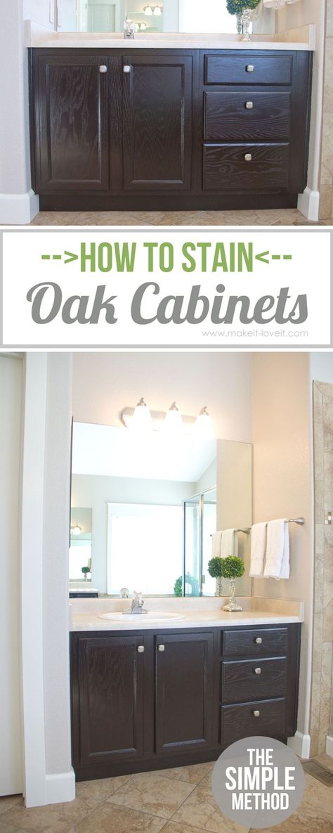 Stain Oak Cabinets, Dark Oak Cabinets, Diy Home Improvement Hacks, Gel Stains, Update Cabinets, Diy Bathroom Vanity, Staining Cabinets, Oak Kitchen Cabinets, Diy Vanity