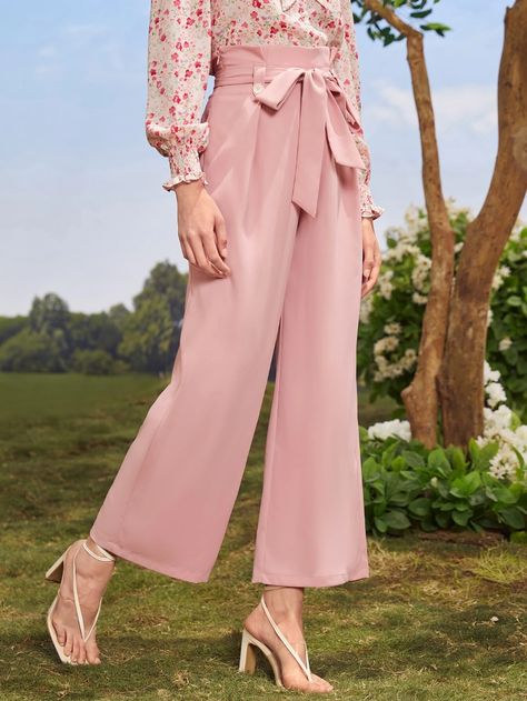 SHEIN Plicated Detail Belted Wide Leg Pants | SHEIN USA Pink Palazzo Pants Outfit, Mission Outfits, Palazzo Pants Outfit, Women Bottoms, Eid Collection, Women Pants, Carrie Bradshaw, Pants Outfit, Wide Leg Trousers