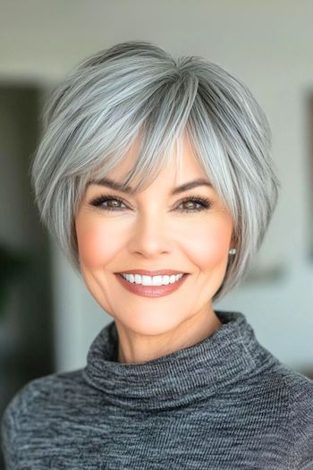 Save this pin for the best short gray hairstyles for women over 60. Say goodbye to long styling sessions with this sassy silver pixie. It's a great way to embrace your natural gray while keeping things modern. Short Hair Styles No Bangs, Lowlights For White Hair Over 50, Chin Length Gray Hairstyles, Short Gray Bob Hairstyles Over 50, Short Gray Hair Over 50 Round Faces, Short Gray Hairstyle Women, Short Bob Gray Hair, Short Salt And Pepper Hair Over 50, Short Hairstyles For Women Over 60 Gray