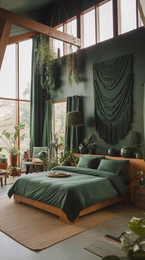 40+ Enchanting Dark Green Bedroom Ideas to Evoke a Dreamy Atmosphere Dark Green Bedroom Moody, Black Green Aesthetic Room, Monochrome Green Bedroom, Emerald Green Accent Wall Bedroom, Emerald Green Headboard, Bedroom Green Bed, Emerald Green Room Ideas Bedroom, Dark Nature Aesthetic Bedroom, Dark Green Aesthetic Bedroom