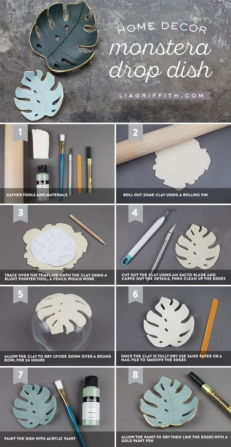 Make a simple DIY monstera drop dish for your home Joululahjat Diy, Dekor Diy, Tanah Liat, Diy Bricolage, Diy Simple, Handcrafted Accessories, Diy Clay Crafts, Décor Diy, Tutorial Diy