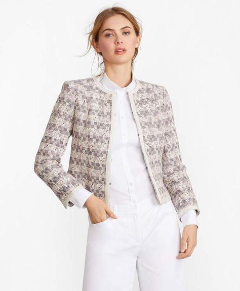 Brooks Brothers Checked Tweed Boucle Jacket English Fabric, Tweed Boucle Jacket, Tweed Jacket Outfit, Euro Chic, Brooks Brothers Women, Ladies Short Jackets, Dressy Pants, Boucle Jacket, Pantsuits For Women