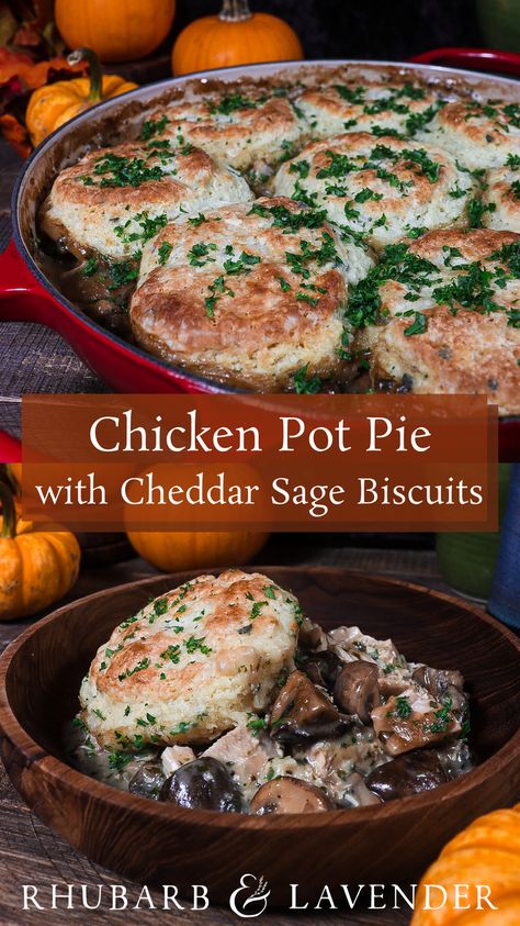 Creamy chicken and mushroom pie topped with warm cheddar sage biscuits is the perfect hearty meal to enjoy from the comfort of a hobbit hole! This chicken pot pie is the ideal warm comfort food for a Lord of the Rings movie marathon or a cozy fall dinner. Chicken And Mushroom Pie Jamie Oliver, Chicken And Mushroom Pot Pie, Hobbit Food Recipes, Lotr Feast, Sage Biscuits, Mushroom Pot Pie, Cozy Fall Dinner, Lotr Party, Lord Of The Rings Movie