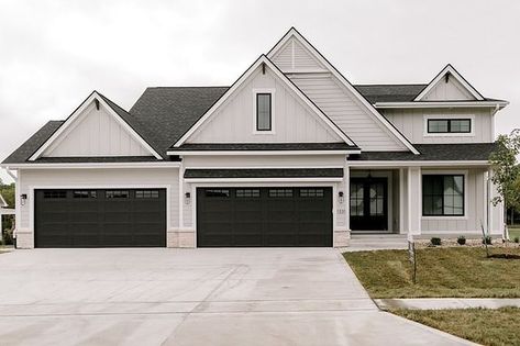 Black Birch Homes on Instagram: “Peaks for days and days 🖤 . . 📸 @classicgrayhome” Greige House Exteriors Black Windows, Taupe Exterior Paint Colors For House Modern, Gray Siding Black Trim, Sterling Gray Vinyl Siding, Light Grey Home Exterior, Grey Roof House Colors, House With Black Roof, House Siding Ideas Exterior, Grey Home Exterior