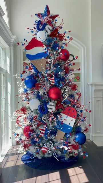 4th Of July Christmas Tree, 4th Of July Tree Decorations, Fourth Of July Christmas Tree, Memorial Day Tree, 4th Of July Tree, Patriotic Tree, Patriotic Christmas Decorations, Red White And Blue Ornaments Diy, Texas Rangers Christmas Tree