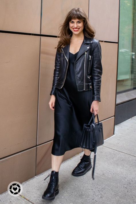 Midi Dress Outfit Fall, Black Slip Dress Outfit, Classic Fall Style, Satin Skirt Outfit, Slip Dress Outfit, Black Dress Style, Midi Dress Outfit, Leather Jacket Dress, Black Moto Jacket