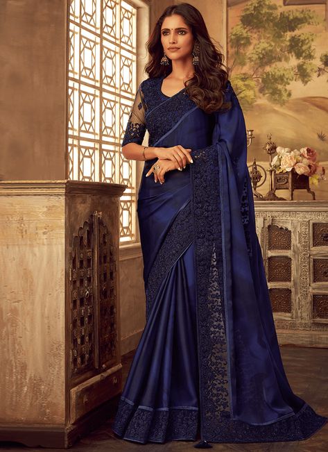 Blue Ruffle Saree, Ruffle Saree Blouse, Blue Sari, Blue Silk Saree, Designer Silk Sarees, Indian Silk Sarees, Silk Saree Blouse Designs, Party Wear Saree, Neck Deep