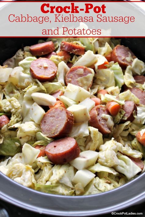 Crock-Pot Cabbage, Kielbasa Sausage and Potatoes - This recipe for Crock-Pot Cabbage, Kielbasa Sausage and Potatoes is delicious, easy to make and frugal too. An old fashioned recipe made new by cooking it in the slow cooker! [Gluten Free, High Fiber, Low Calorie, Low Fat, Low Sugar and just 5 Weight Watchers SmartPoints per serving!] #CrockPotLadies #CrockPot #SlowCooker #Kielbasa #FrugalRecipe #Cabbage Cabbage Kielbasa, Slow Cooker Gluten Free, Cabbage Skillet, Kielbasa And Potatoes, Kielbasa And Cabbage, Sausage And Potatoes, Crock Pot Cabbage, Kielbasa Recipes, Cabbage And Sausage