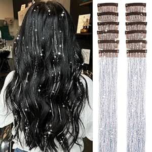 Hair Tinsel Pack of 12 Pcs Clip in Hair Tinsel Kit, 20 Inch Glitter Silver Tinsel Hair Extensions, Festival Gift Tinsel Fairy Hair Party Dazzle Hair Accessories Strands Kit (20 Inch 12Pcs,Silver#) Silver Tinsel Hair, Glitter Hair Strands, Tinsel Hair Extensions, Tinsel Hair, Hair Tinsel, Silver Tinsel, Fairy Hair, Colored Wigs, Synthetic Hair Extensions