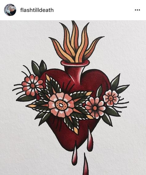 Color Sacred Heart Tattoo, Burning Heart Tattoo Traditional, American Trad Sacred Heart, American Traditional Tattoos Mexican, Trad Sacred Heart Tattoo, Scared Heart Tattoo Traditional, Sacred Heart American Traditional Tattoo, Traditional Valentines Day Tattoo, Traditional Sacred Heart Tattoo Design