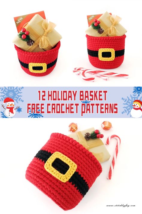 12 Holiday Basket Crochet Patterns - FREE - iGOODideas.com Santa Crochet Basket, Crochet Hampers Idea, Crochet Christmas Gift Bags, Crochet Christmas House, Crochet Christmas Bags, January Crochet Ideas, Crochet Christmas Gift Ideas Free Pattern, Crochet Gift Bags Free Patterns, Santa Crochet Patterns Free