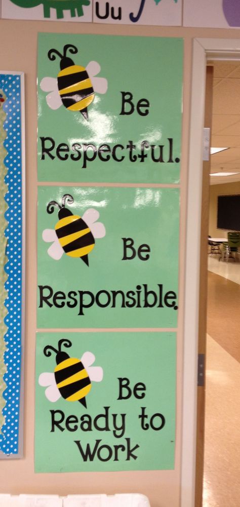 The 3 Bee Rules: Be Respectful, Be Responsible, Be Ready to Work Be Safe Be Respectful Be Responsible Bulletin Board, Bee Theme Class Decorations, Garden Theme Classroom Ideas, Bee Classroom Theme Bulletin Boards, Bee Reading Corner, Bee Decorations Classroom, Bee Theme Bulletin Board Ideas, Bee Ideas For Classroom, Bumble Bee Door Decorations Classroom