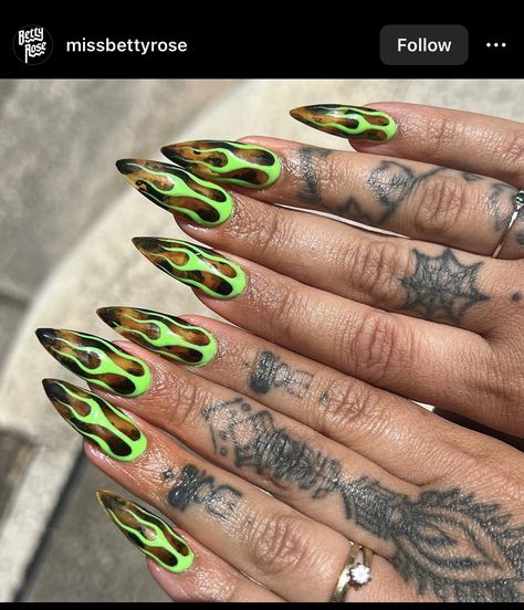 Flame Neon Nails, Edgy Green Nails, Neon Flame Nail Art, Colorful Flame Nails, Glitter Flame Nails, Shego Nails, Green Flame Nails, 1970s Nails, Chrome Flame Nails