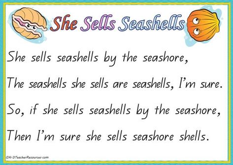 She Sells Seashells by the Seashore - Printable A4 page, large print pages, sentence and word reconstruction. Tongue Twisters In English Short, She Sells Seashells By The Seashore, Funny Anger Quotes, Control Anger Quotes, When Your Angry, Tongue Twisters In English, Homeschool Themes, Tongue Twisters For Kids, Kindergarten Poems