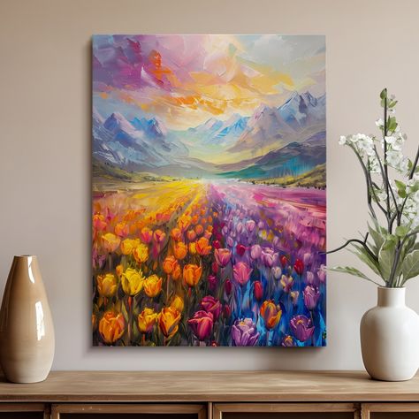 Feeling like your walls are stuck in a field of...beige tulips? Let's ditch the predictable and bloom with some vibrant mountain magic! �⛰️✨ The Abstract Tulip Field Canvas Art – Vibrant Mountain Landscape is more than just wall art, it's a window to a world of bold colors and breathtaking scenery. This stunning piece explodes with a kaleidoscope of hues, reimagining a traditional tulip field into a dreamy mountain landscape. Imagine a playful blend of shapes and colors that dance across the... Tulip Field Painting, Beige Tulips, Sky Colour, Tulip Field, Breathtaking Scenery, Drawing Wallpaper, Tulip Fields, Shapes And Colors, Sky Color