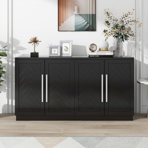 PRICES MAY VARY. ✔This sideboard buffet cabinet is suitable for adding more countertop space in your kitchen, dining room, or living room. Use this sideboard in the living room to make a coffee bar or console cabinet ✔Product Size: 60“L x 16”W x 32”H. It can support more weight because of the strong solid wood and MDF. ✔The adjustable shelf is designed in this buffet table. You can easily adjust the height to suit your needs for taller items. You can also remove the wood panels to maximize space Silver Handles, Living Room And Kitchen, Wide Sideboard, Kitchen Sideboard, Wooden Sideboard, Sideboard Designs, Modern Sideboard, Buffet Cabinet, Practical Storage