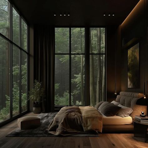 Hidden Forest House, Rainforest Aesthetic Bedroom, Moody Forest Bedroom, Forest House Bedroom, Earthy Luxury Bedroom, Dark House Aesthetic, Bedroom Interior Modern, Seth Clearwater, Dark And Cozy