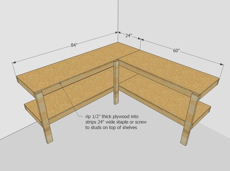 Free Work Bench Plans, Corner Garage Work Bench, Free Workbench Plans Diy, Corner Workbench, Garage Bench, Diy Turntable, Craft Tables, Garage Workbench Plans, Garage Workbench