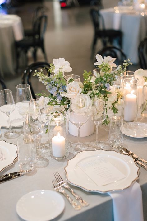 Rehearsal Dinner Welcome Table, Baby Blue Wedding Decorations, Periwinkle Wedding, Blue Pillar Candles, Pillar Candles Wedding, Blue Wedding Centerpieces, Baby Blue Weddings, Blue White Weddings, Blue Centerpieces