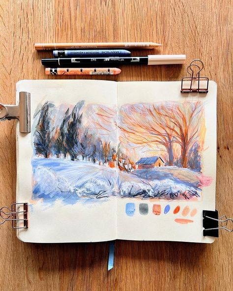 Whimsical Art Journal, Color Pencil Illustration, Nature Sketch, Gouache Illustrations, Landscape Sketch, Gouache Art, Winter Sunset, Sketchbook Art Journal, Watercolor Sketchbook