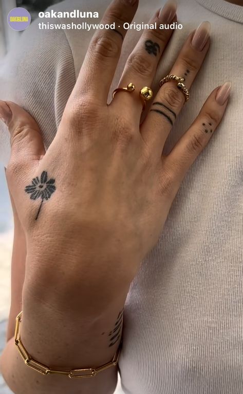 Double Wrist Tattoo, Daisy Hand Tattoo, Wrist Forearm Tattoos, Woman Hand Tattoo Ideas, Delicate Point Of View Tattoo, Pinky Tattoos, Hand Tattoo Placement, Girly Finger Tattoos, Hand Tats For Women