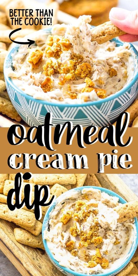 Your childhood favorite Oatmeal Cream Pies are even better as a dip! Cream Cheese, powdered sugar, and crumbled oatmeal cream pies, scooped out with cinnamon graham sticks can't be beat! #oatmealcreampie #sweetdips Pie Dip Recipes, Sweet Cream Cheese Dip, Desert Dips, Oatmeal Cream Pie, Sweet Dip, Dessert Dip Recipes, Creamy Oatmeal, Cheese Dips, Pie Dip