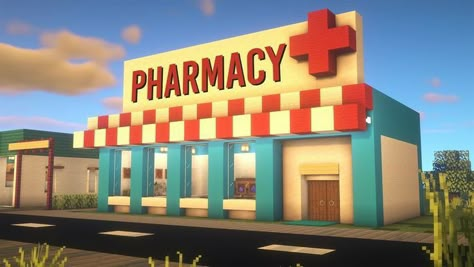 Shops To Build In Minecraft, How To Build A Town In Minecraft, Mall Minecraft Ideas, Stores To Build In Minecraft, Minecraft Pharmacy, Shop Ideas Minecraft, Minecraft Shops Building, Mall Minecraft, Minecraft School Ideas